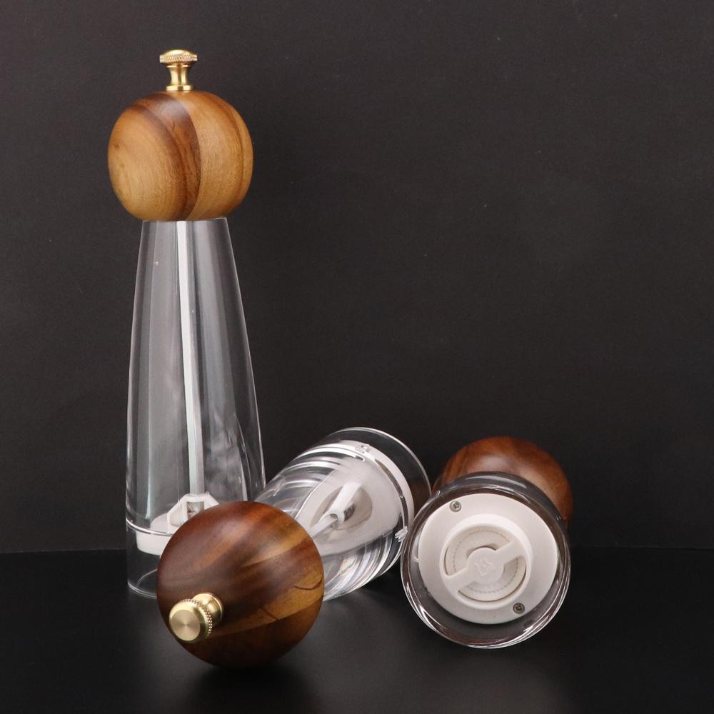 Salt Pepper Grinder Wooden Shakers with Adjustable Ceramic Core Transparent Acrylic Manual Salt and Pepper Mill