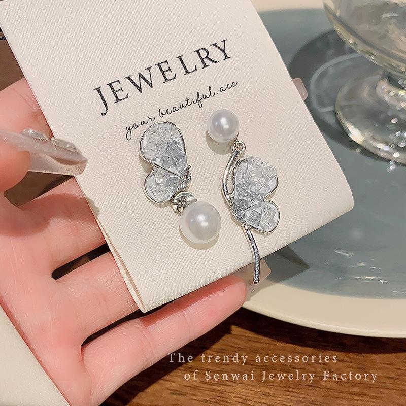 

Silver Needle Asymmetrical Blue Butterfly Pearl Earrings Female Super Fairy Temperament Advanced Sense Earrings Korean Ear Jewelry