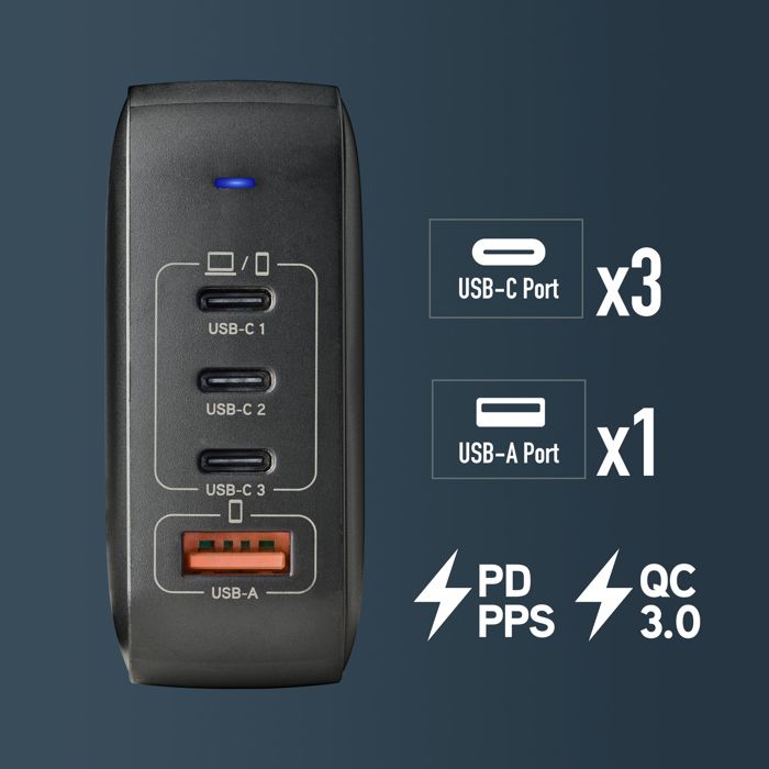 NGS BUD 165W : GaN Chargeur mural universel 165W avec 4 ports : 3 USB-C+1 USB-A. Chargement rapide. Grande compatibilité. Charge sim