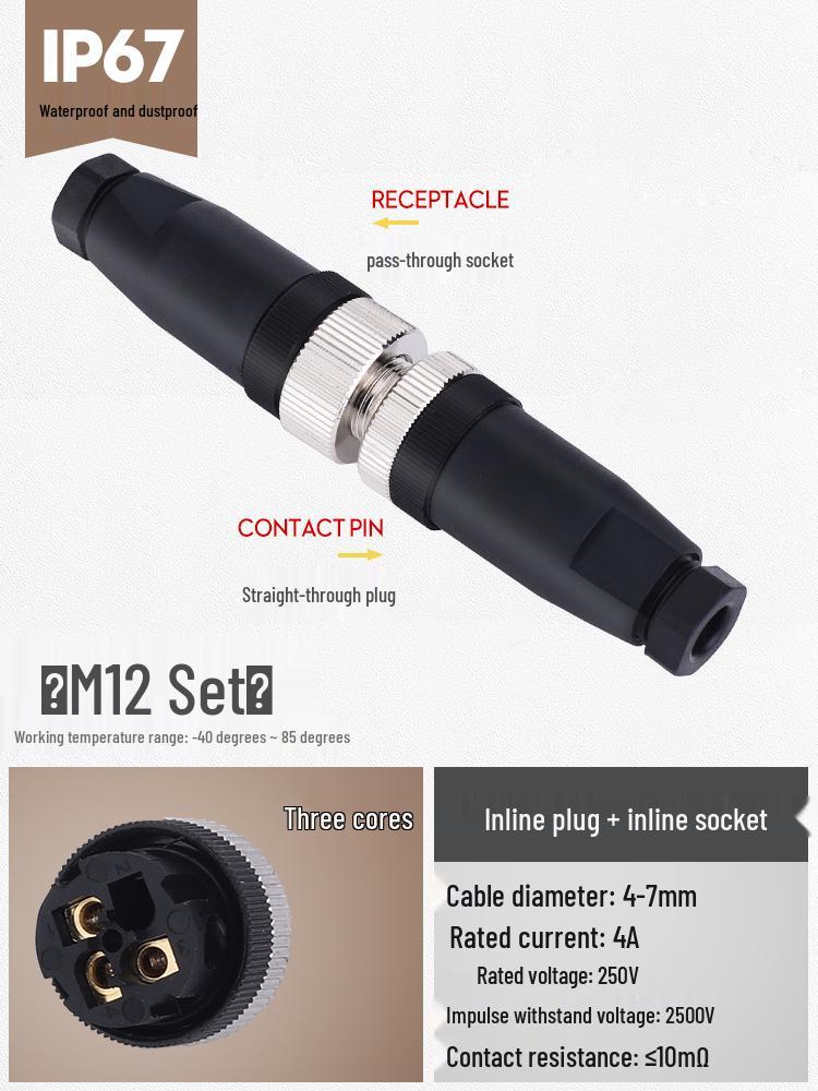 M12 Waterproof Sensor Connector: Male & Female Aviation Plug, 34-Pin, 5-Hole, 8P, Straight & Elbow, Three-Core Socket.
