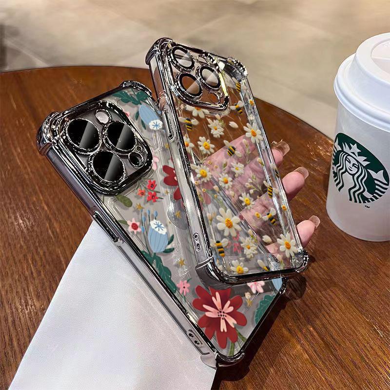 Case For RENO 15F 15 Pro 5G 14F 13F 11F 12F 14 13 11 12 10 Pro Plating Daisy Flowers Shockproof Soft Transparent Cover
