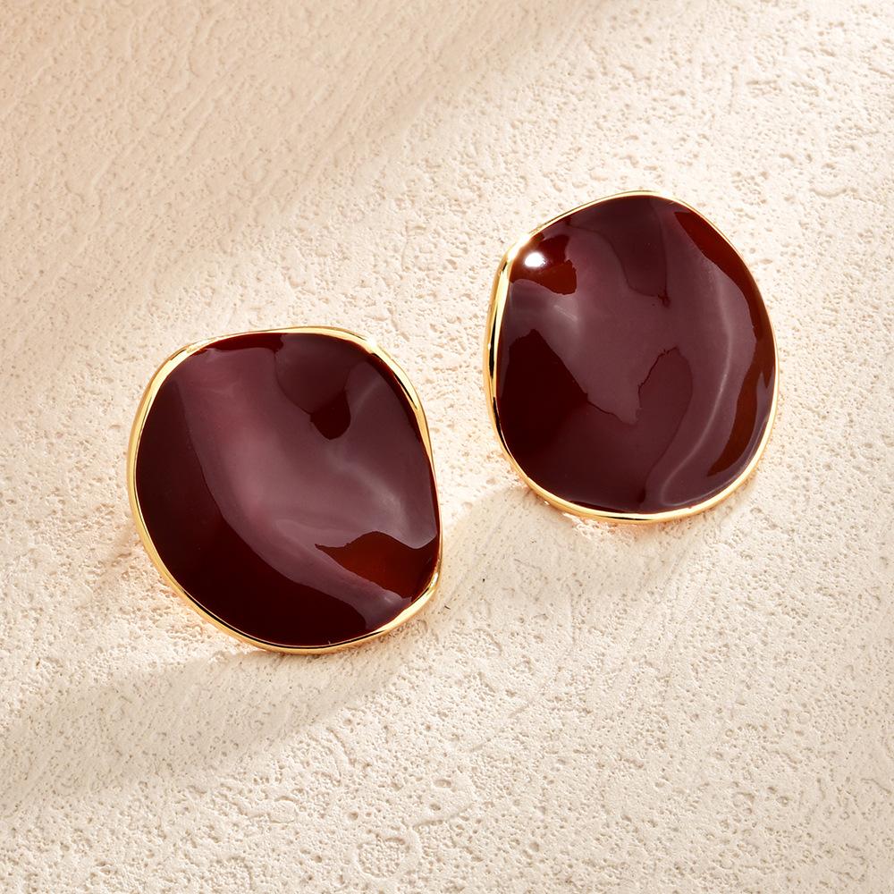French drip glaze pleated round stud earrings women's light luxury niche design high-end temperament earrings burgundy retro earrings