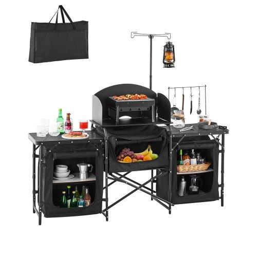 VEVOR Camping Kitchen Table, Outdoor Camp Cooking Table, Aluminum Portable Cook Station with 3 Storage Cupboard, Carrying Bag, Detachable Windscreen