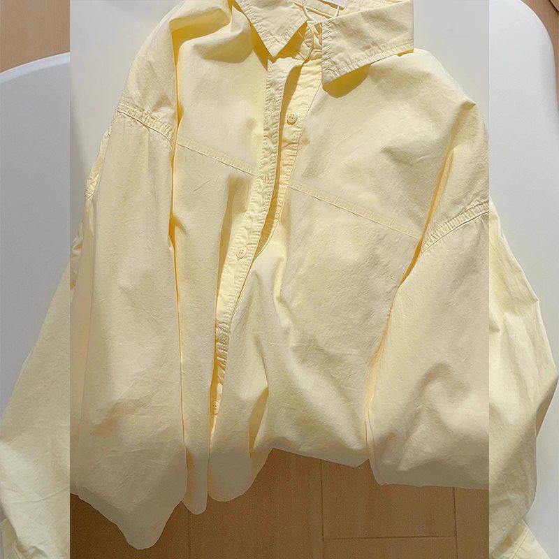 Women's Milky Yellow Layered Long-Sleeve Loose Shirt Jacket - Petite Casual Spring/Autumn Top