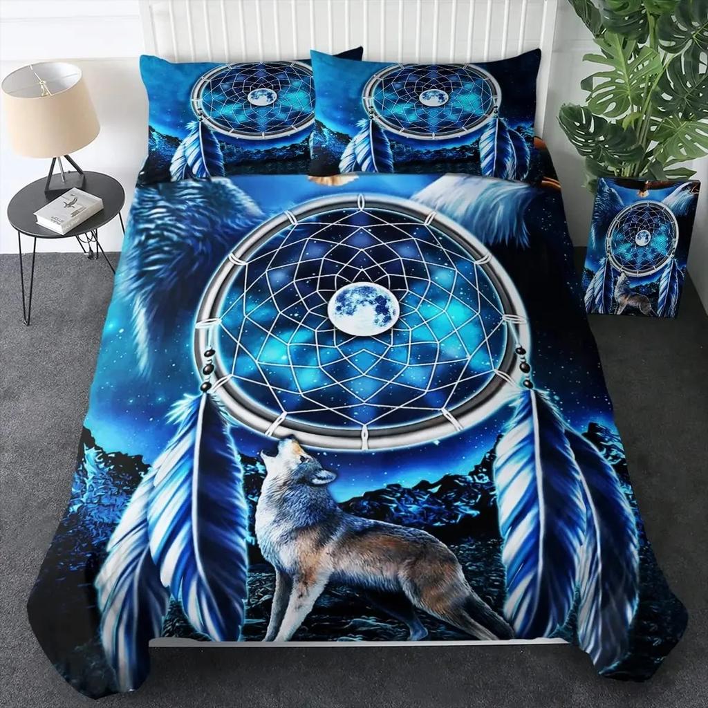 Moon Child Black Cold Art Moon Fox Duvet Cover Set Moon and Stars Bedding Set Black and White Fox Comforter Cover for Girl Boy