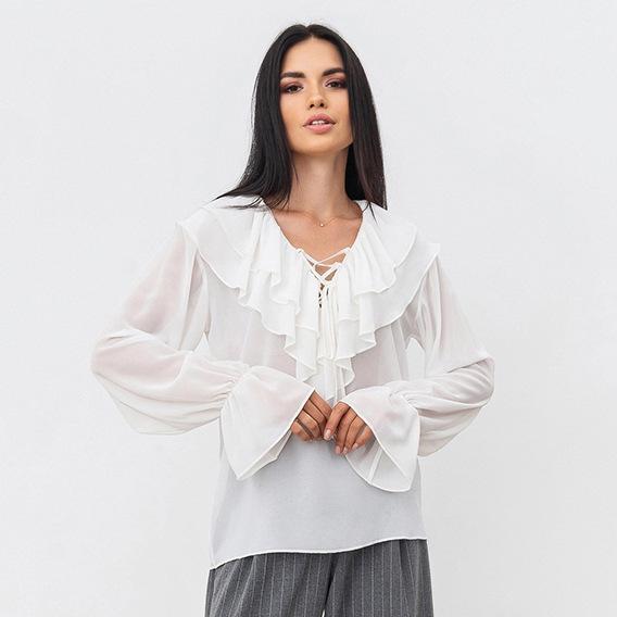 

Европейская и американская весенняя мода 2024 года: Французская шифоновая блузка с V-образным вырезом и оборками, свободного кроя Medium (M)