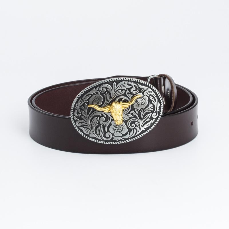 Fashion Personality Western Denim Belt Gold Plated Retro Cow Head Belt Men's Cow Leather Belt