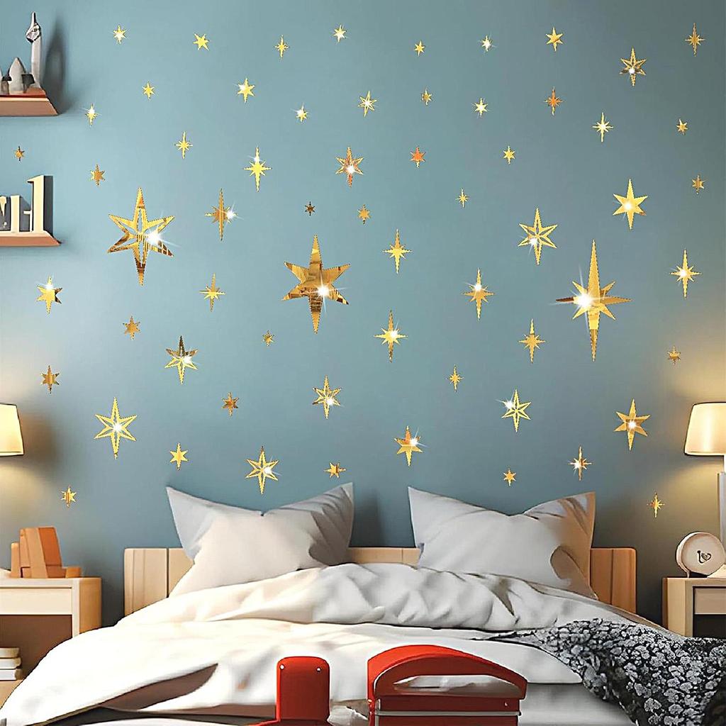 3D Acrylic 78 Pieces Hollowed Star Wall Decals Removable Ornament Wall Decor Stickers For Ceiling Bedroom Study Room Living Room