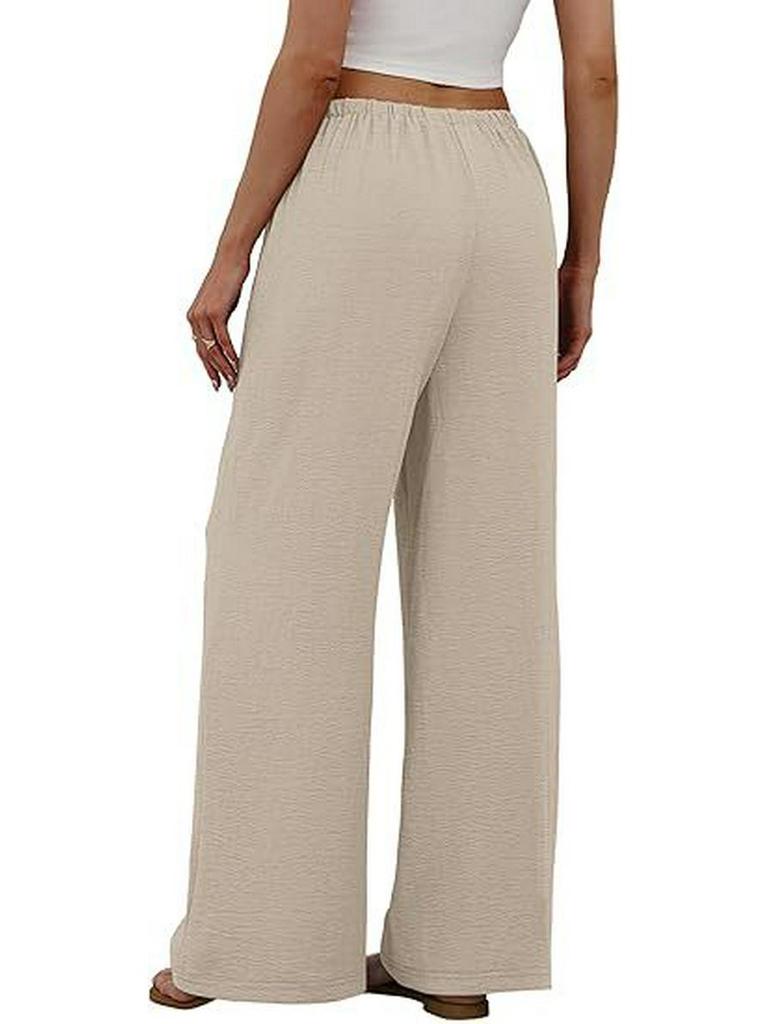 European & American Women's Casual Solid Wide-Leg Beach Pants with Elastic Waist & Pockets