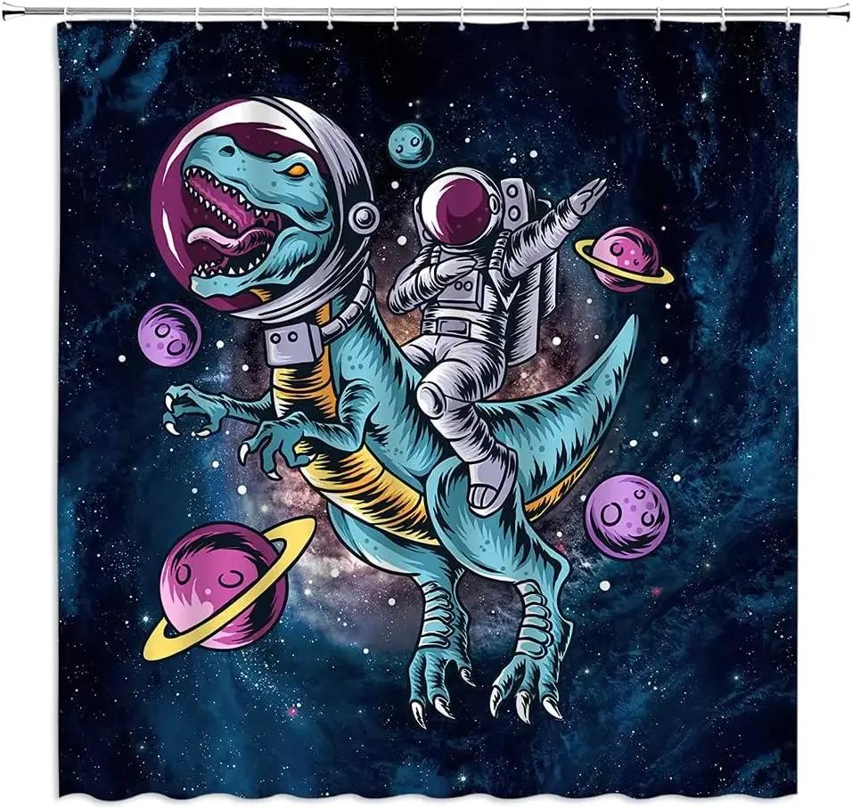 Lustiger Einhorn-Dinosaurier Kinder Duschvorhang Niedliche Cartoon-Tiere Regenbogen Galaxie Weltraum