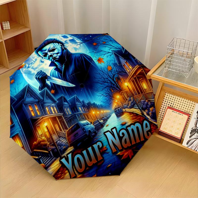 Custom Text Automatic 8 Bone Umbrella, Portable Sun Rain Protection UmbrellaHalloween Michael Myers