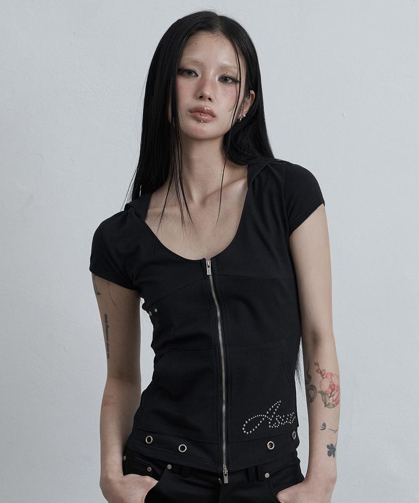 Aejeuyua Incision Broad Hooded Zip-Up Black
