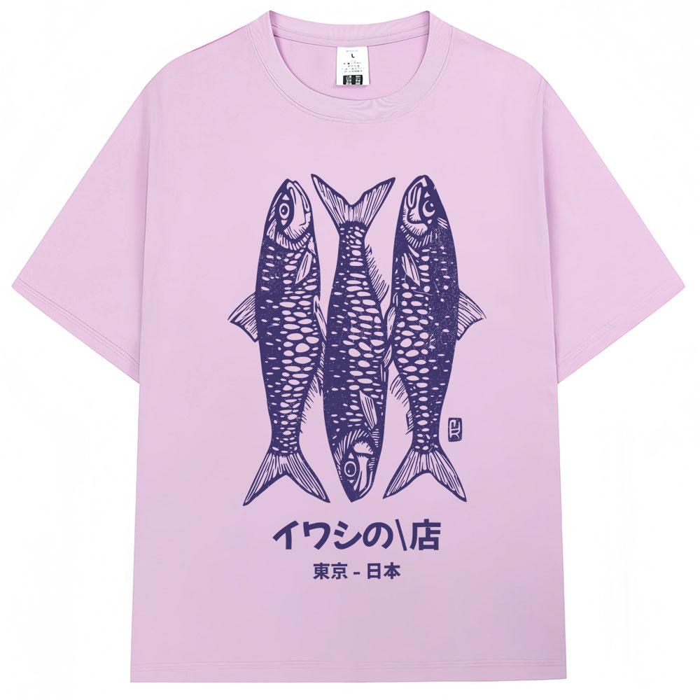 Japanese Style Sardines Shop Print Tshirt Summer Fashion Vintage Unisex Women T Shirt Oversized Cotton Casual T Shirts Streetwear