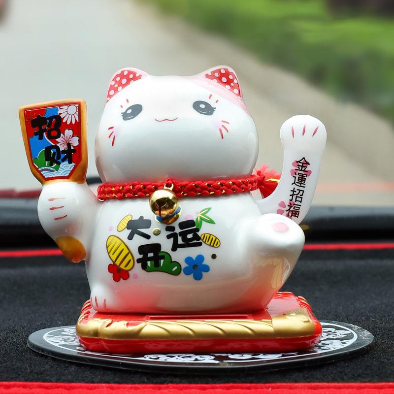 Gatto Fortunato Ceramica Alimentato a Energia Solare Maneki Neko Braccio Ondulante Gatto che Invita la Fortuna con Tappetino Auto Decorazione Scrivania Fascino Regalo
