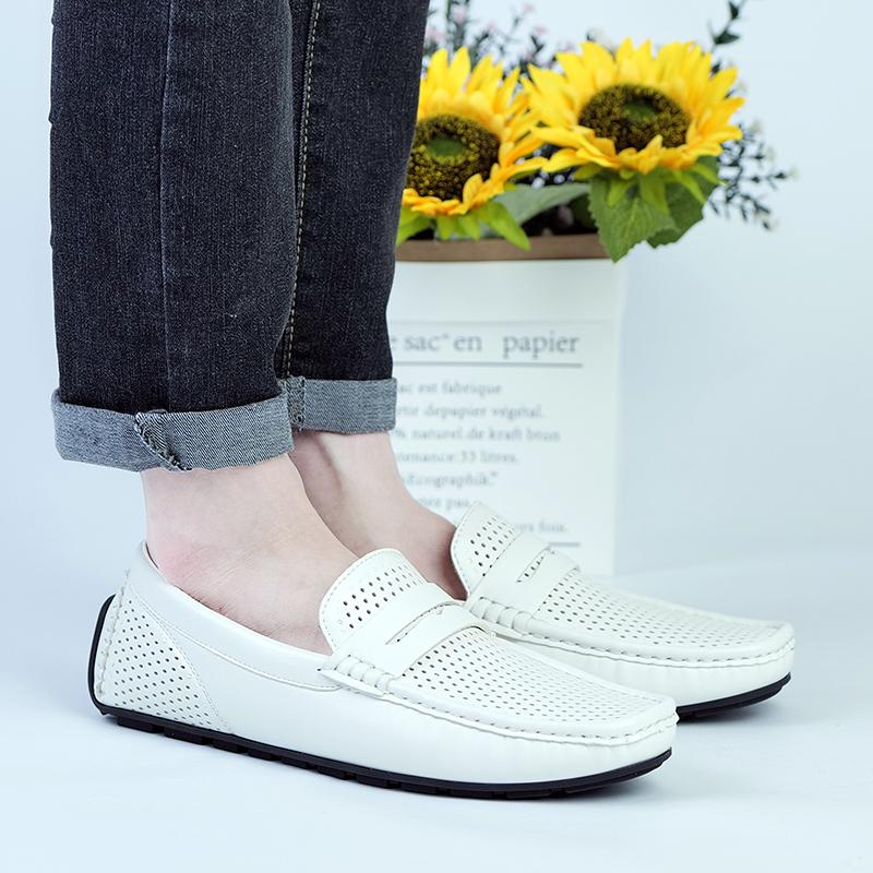 Plus Size 39-46 Summer White Hollow Out Penny Loafers Men Casual Shoes Man Moccasins Leather Slip On Flats Mens Driving Shoes