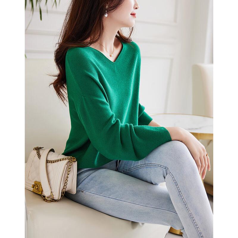 Demana Women's V-Neck Lantern Sleeve Wool Blend Knit Sweater