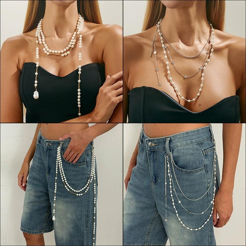 New Versatile Pearl Chain Brooches for Women Tassel Design Pants Chain Necklace Handmade Beaded Pearl Elegent Clothes Accessorie