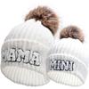 2 Stück Eltern-Kind Mütze Mama und MINI Stickerei Strickmütze Winter Warm Bündchen Skimütze mit Bommel