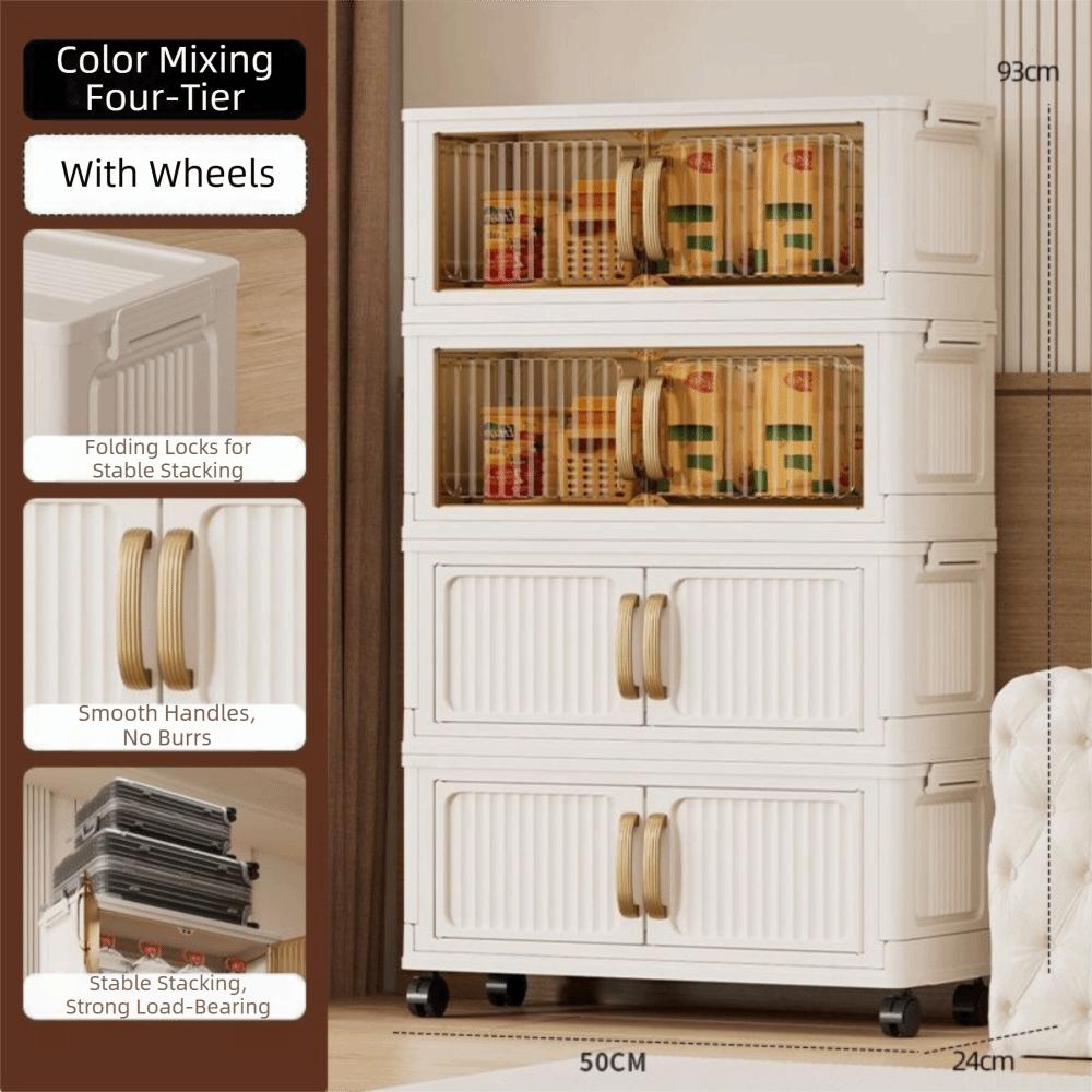 Plastic Storage Cabinet With Wheel Stackable Design Foldable Wardrobe Transparent Door Simple Assembly Large Capacity Storage