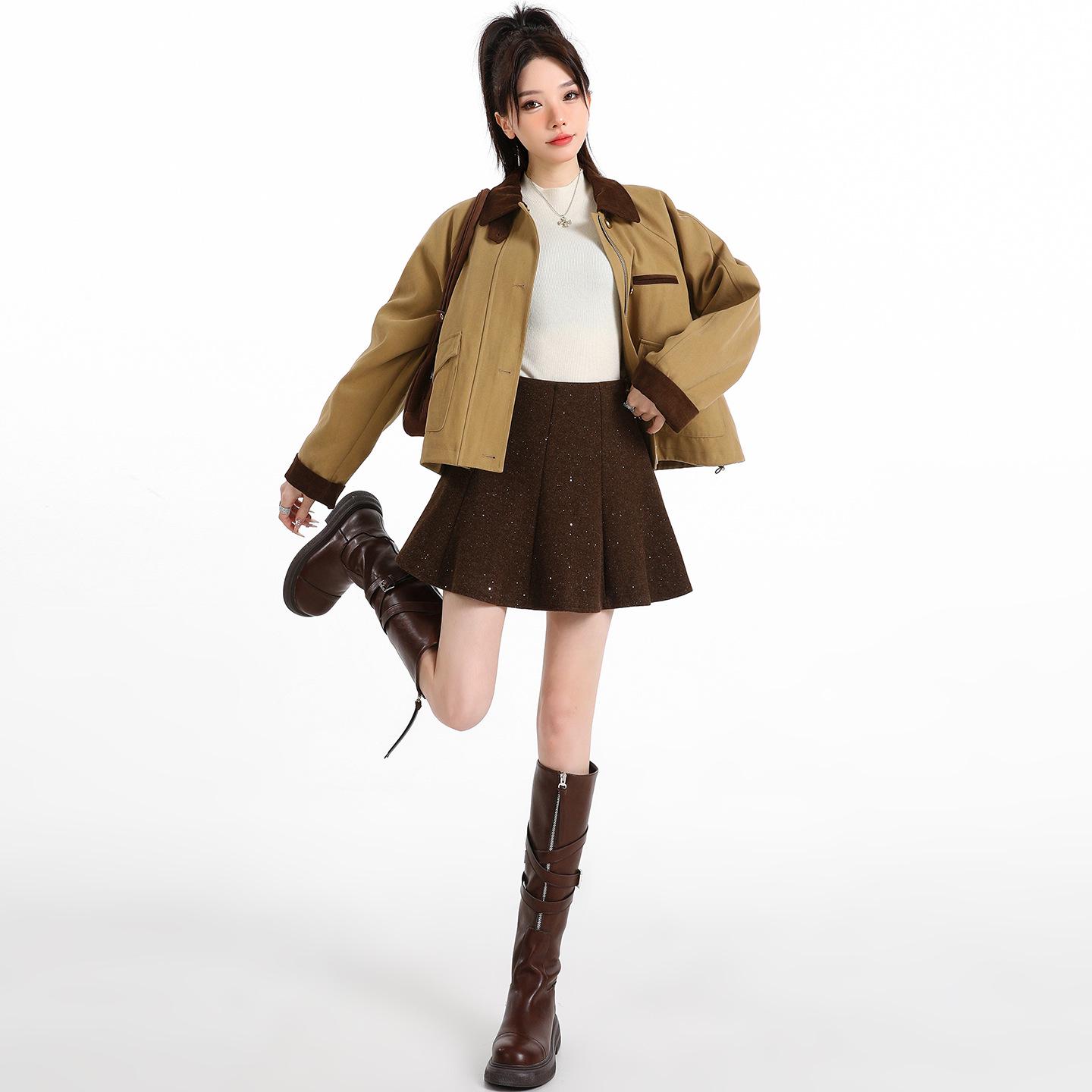 

Women s High Waist Woolen Sequined Mini Skirt - Autumn/Winter Slim Fit, Fluffy Pleated, Petite A-Line, Anti-Exposure M