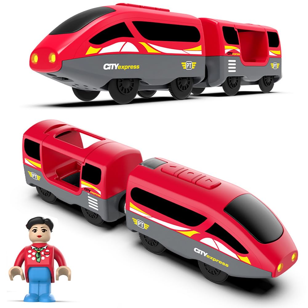 TOPLIVING Wooden Train Track Accessories Battery-Operated Locomotive with Magnetic Connection Compatible with Thomas, Brio, and Chuggington