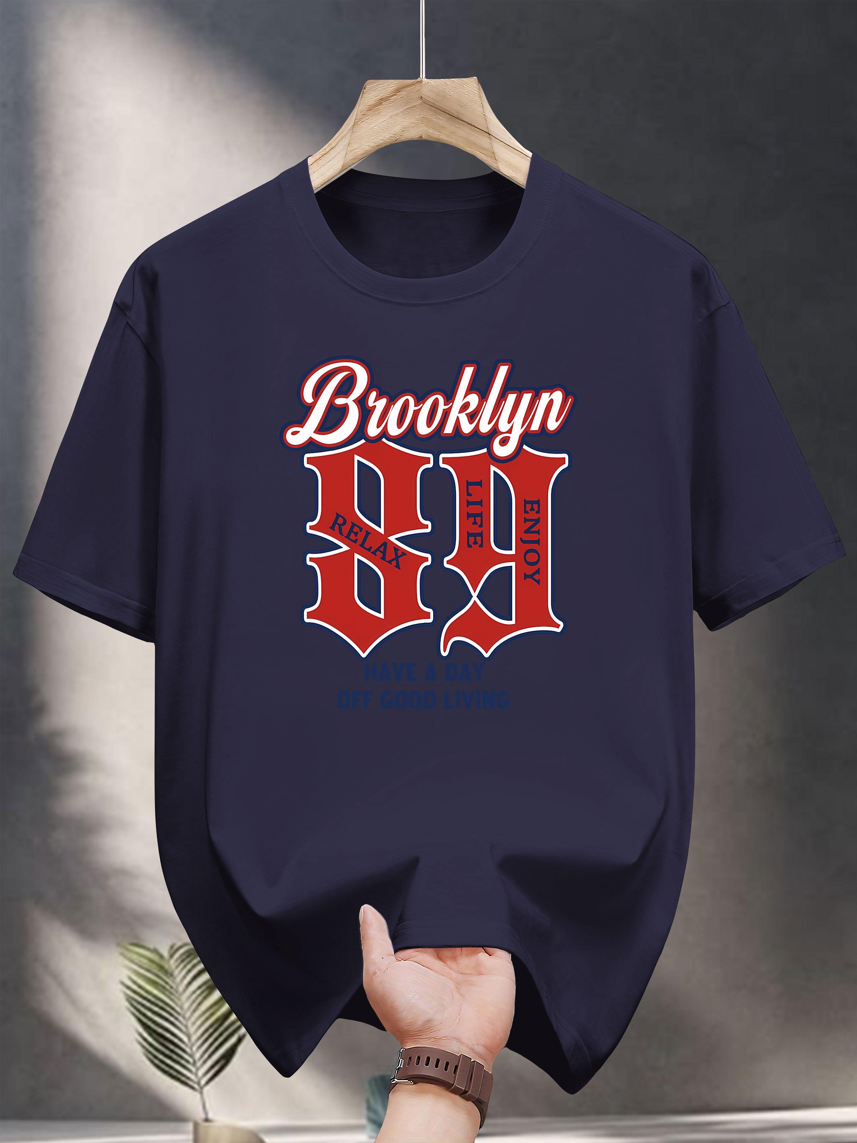 200g 100% Cotton Short Sleeve T-shirt - Navy Blue Brooklyn 89 Graphic Print Casual Summer Tee S