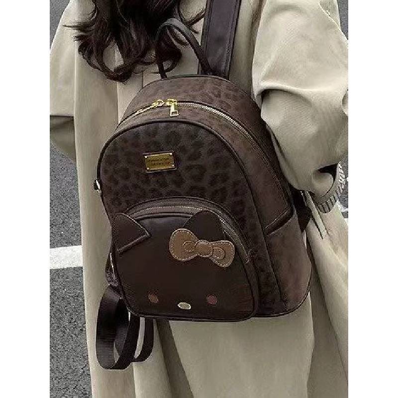 Hello Kitty Leopard Print Cat Backpack With Waterproof Pu Material For Daily Use