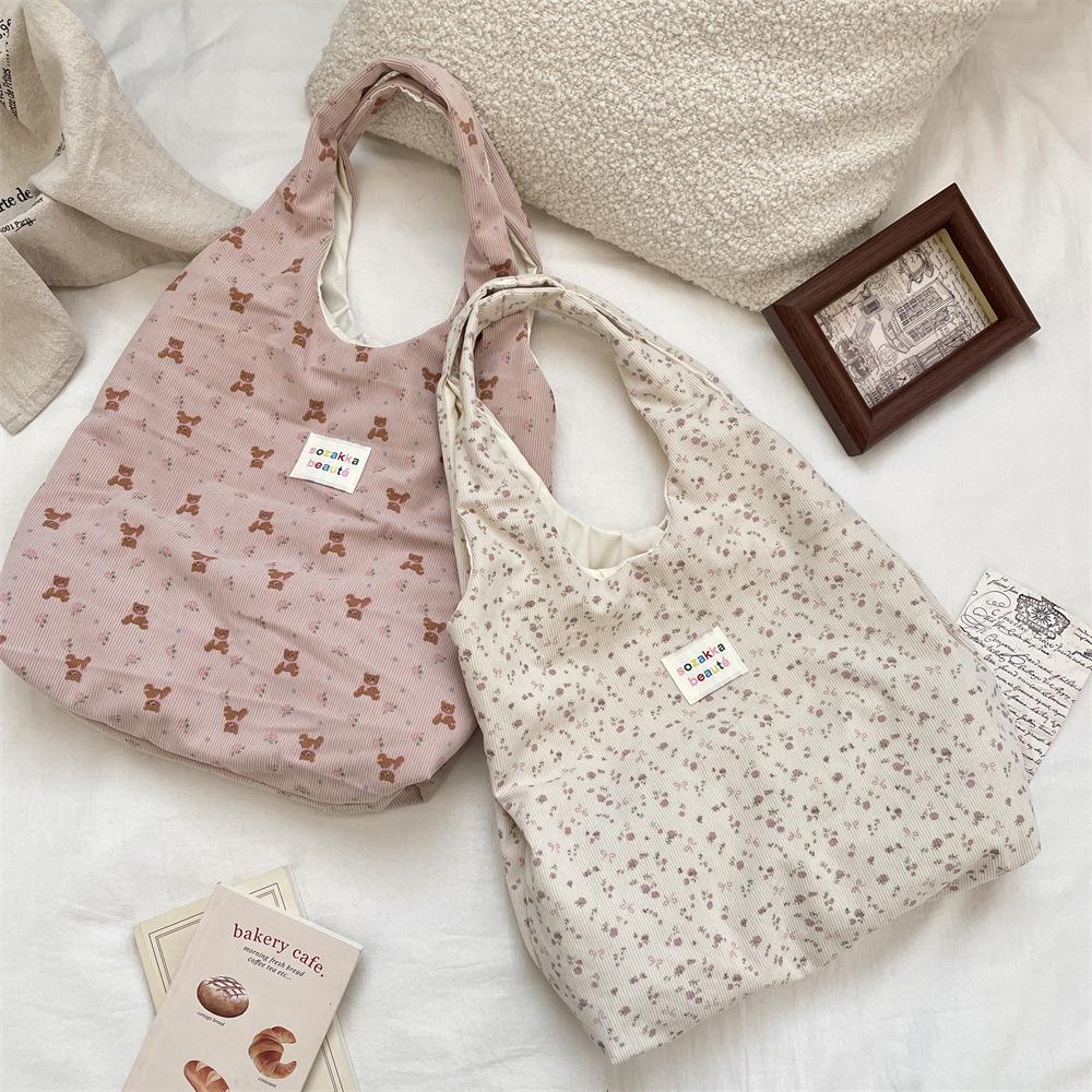 Corduroy Printed Bear Canvas Bag Shoulder Bag Commuter Large Capacity Vest Bag