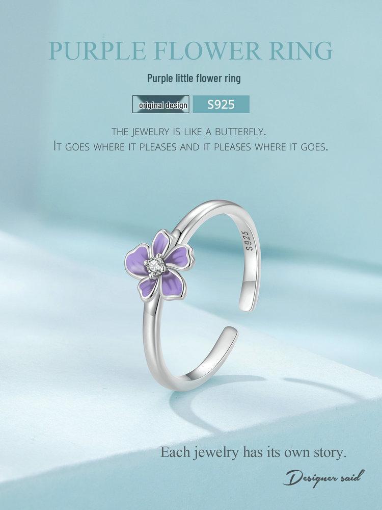 Yinziyun Purple Flower Open Ring for Women – Elegant 925 Sterling Silver Jewelry