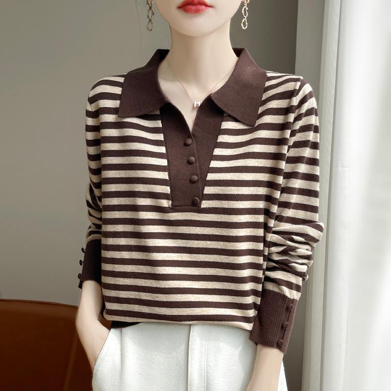 

Осенняя женская мода с лацканами в полоску, короткая универсальная трикотажная одежда XXL кофейный