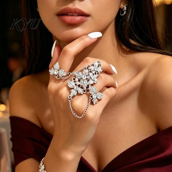 Women Hand Jewelry Rhinestone Flower Link Chain Ring, Bling Floral Leaf Full Finger Ring Statement with Chain, Adjustable Open for Girls