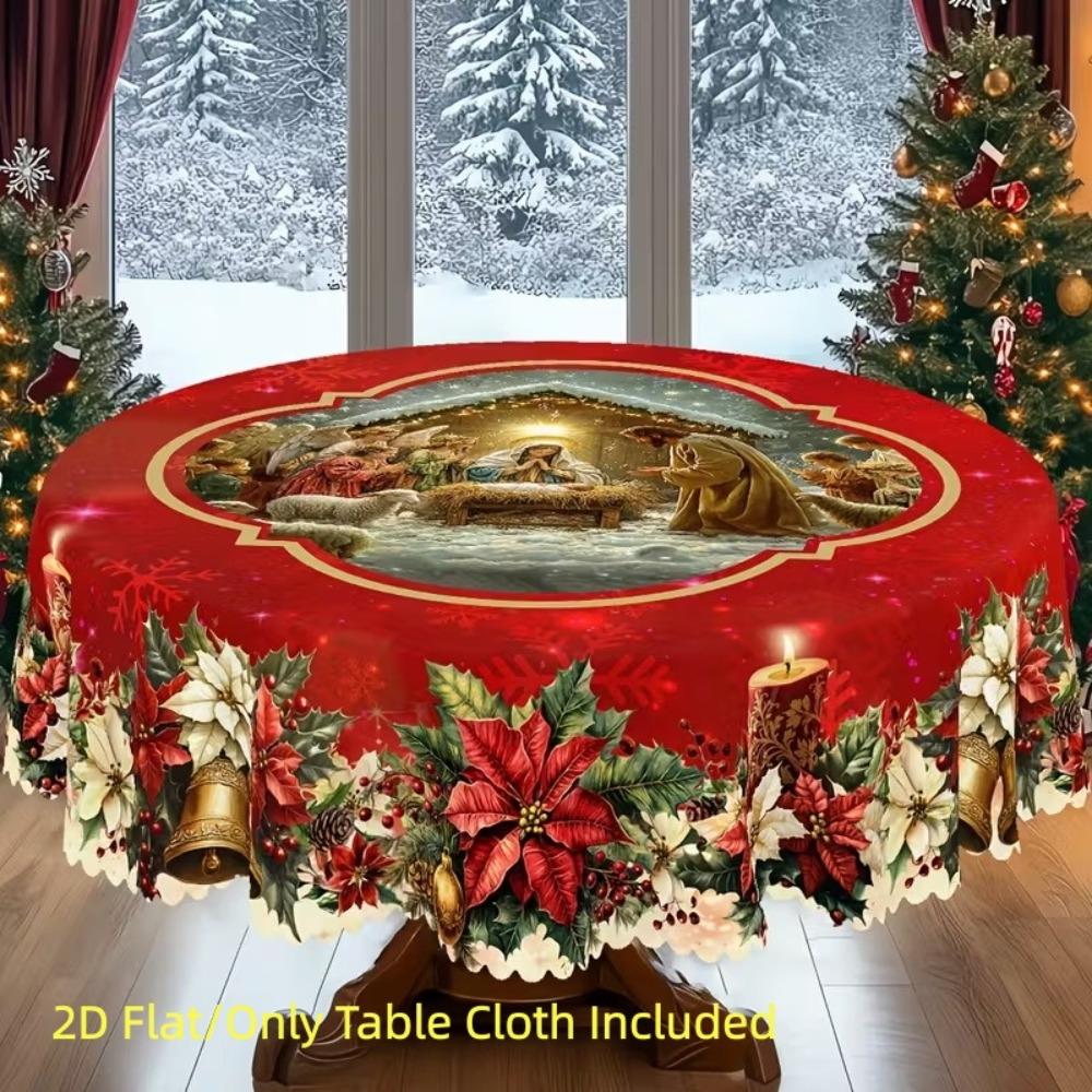 Waterproof 2D Flat Tablecloth Red Green Contrast Color Stain-resistant Christmas Round Tablecloth Non-slip Candy Stripe
