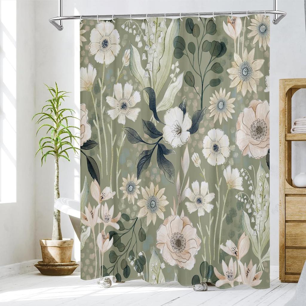 MitoVilla Boho Green Floral Shower Curtain, Summer Plant Leaves Fabric Cloth Shower Curtains for Chic Elegant Bathroom Decor, Mo