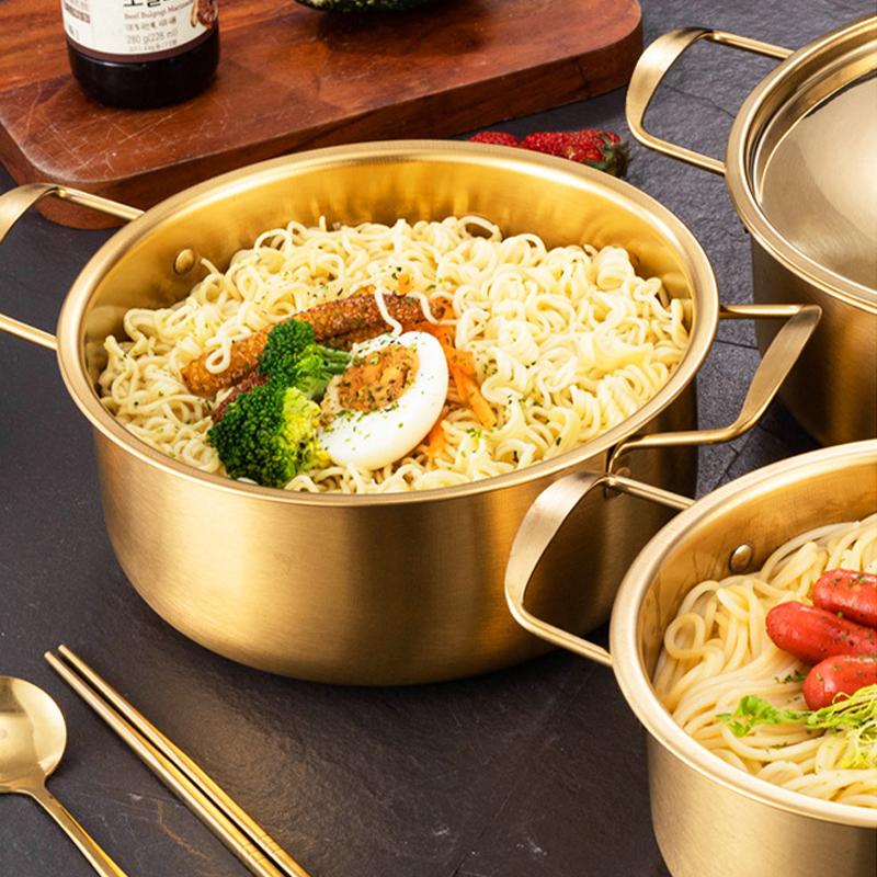 Korean Style Ramen Pot Stainless Steel With Lid Soup Pot Gold Plated Double Ear Hot Pot Camping Cookware