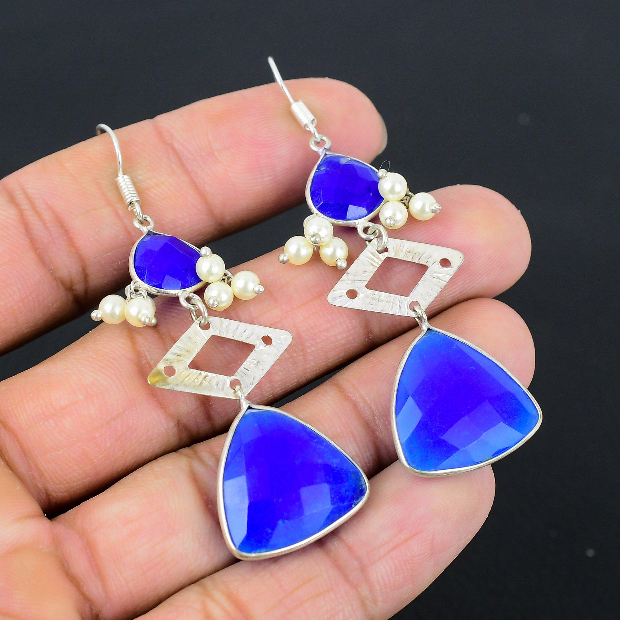 

Gift For Women Drop/Dangle Earrings 925 Silver Natural Blue Saphire Gemstone