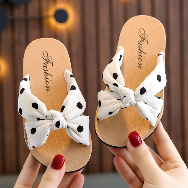 Child Slippers Summer Girl Shoes Printed Wave Point Dot Bow Sandals Lndoor Exposed Toe Soft Bottom Casual Slippers Kid Sandals