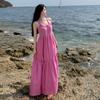 Coffee Break French Neck Dress Summer New Straps Backless Seaside Vacation Suspenders Loose and Thin Medium and Long Dress