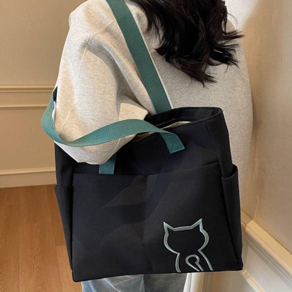 Embroidery Cat Lightweight Eco Bag Casual Nylon Shoulder Bag Nylon Tote Bag  Student