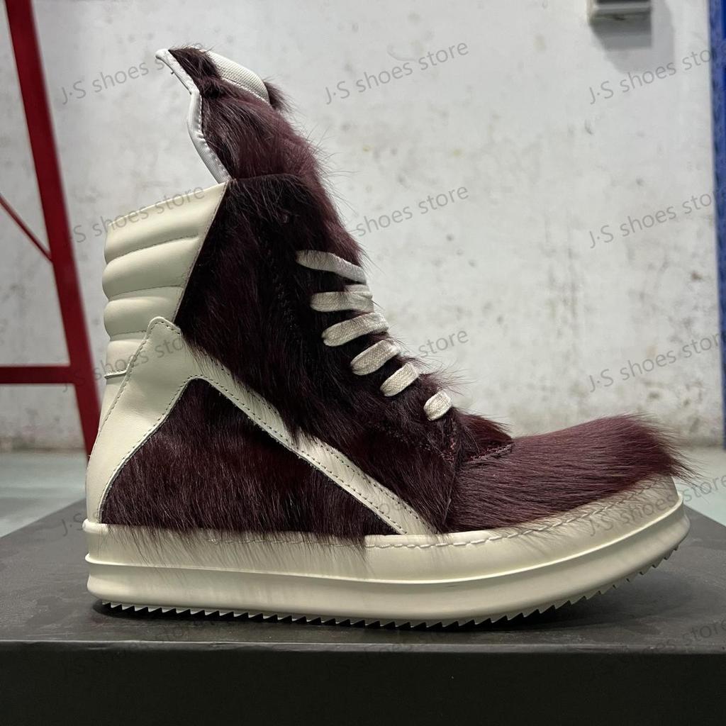 Ro Sneakers Wine Red Horsehair High Top Shoe Leather Boot Men Shoes ZIP Women Casual Sneaker Luxury Horse Hair Ankle Boots