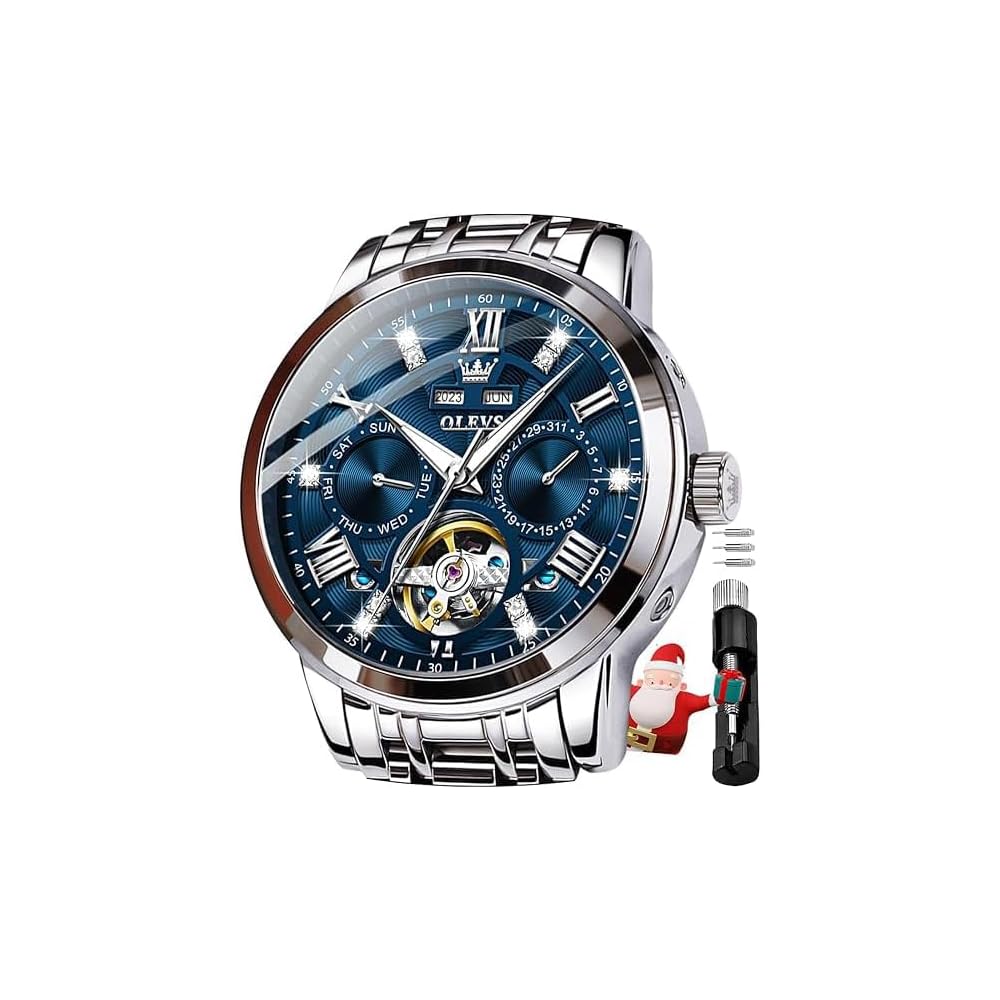 OLEVS Men s Mechanical Automatic Skeleton Watch Blue with Luminous, Retro Style, Metal Band