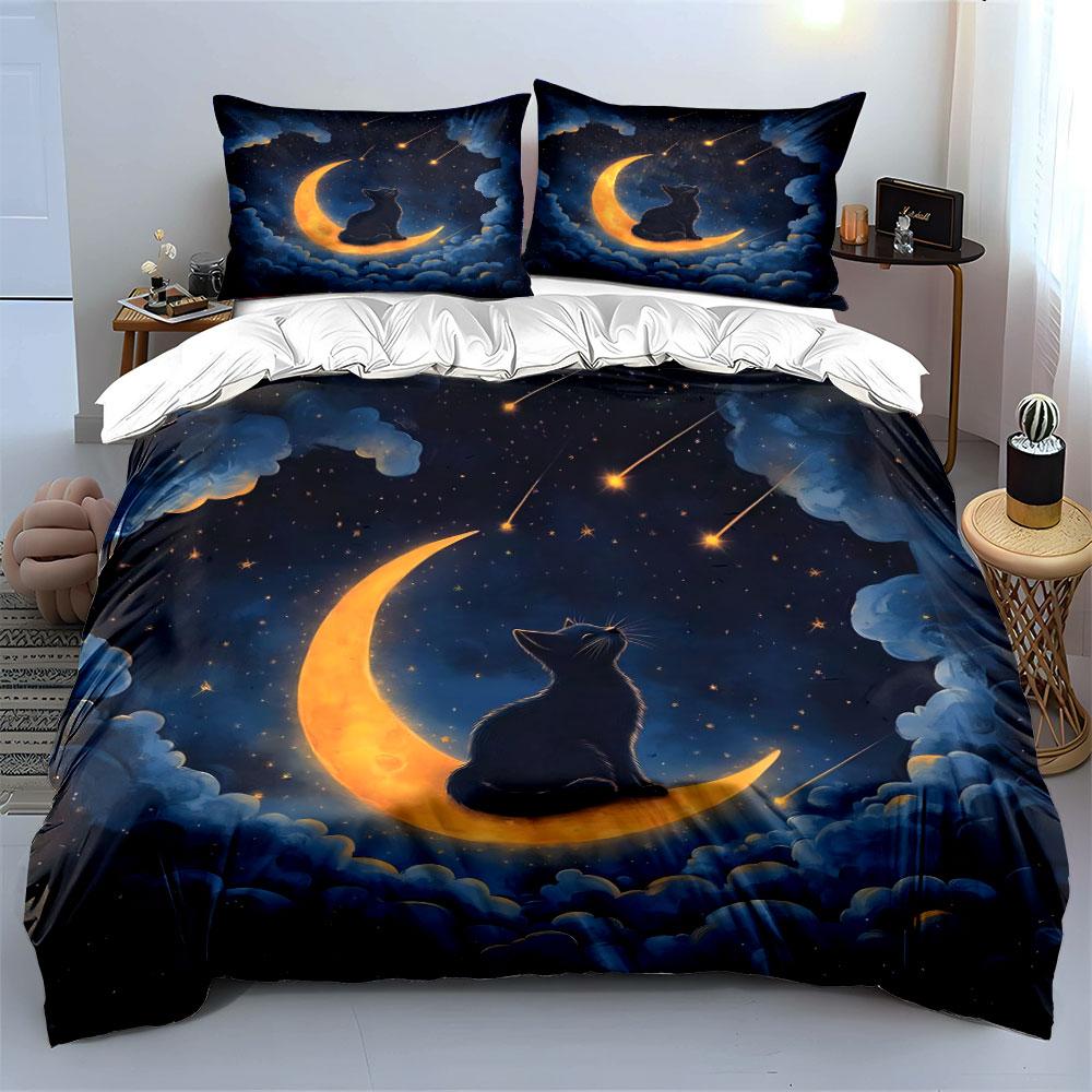Katze auf Mond mit Sternschnuppen Bettwäsche Bettbezug Set (1*Bettbezug 2*Kissenbezüge, ohne Bettdecke)