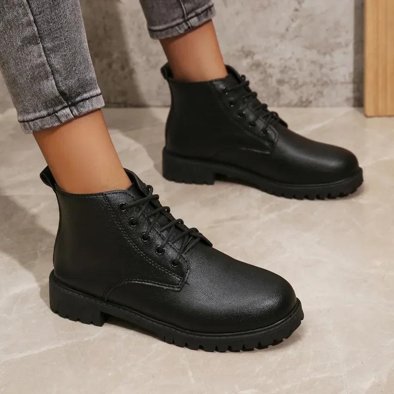 Fashion Women's Shoes 2024 Hot Sale Lace Up Women's Boots Autumn Round Toe Solid Chunky Heels Rubber Concise Short Barrel British Boots