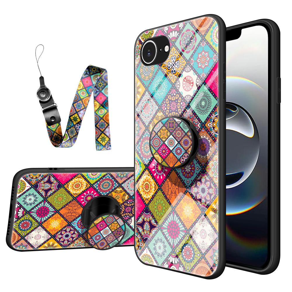 For iPhone 16e Case Kickstand Ethnic Pattern Tempered Glass Phone Cover with Strap