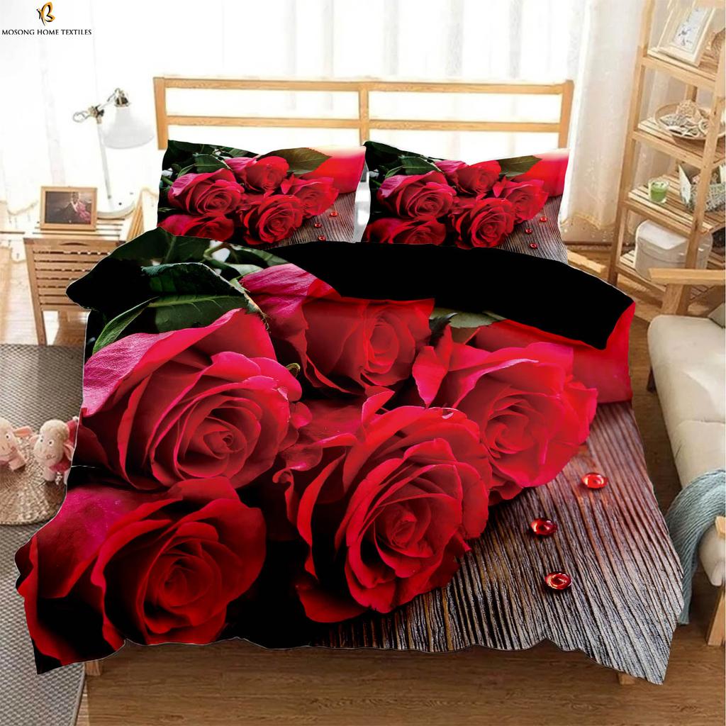 Valentine Day Romantic Red Rose Printing Quilt Cover Black White Color Matching Bedding Set Pillowcase Curtain Polyester