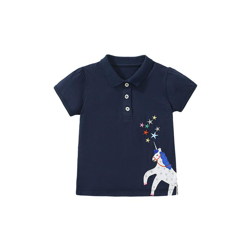 Cotton T-shirt Summer Girls Short Sleeve T-shirt Cotton Applique Embroidered Trend Top Polo Shirt for Children
