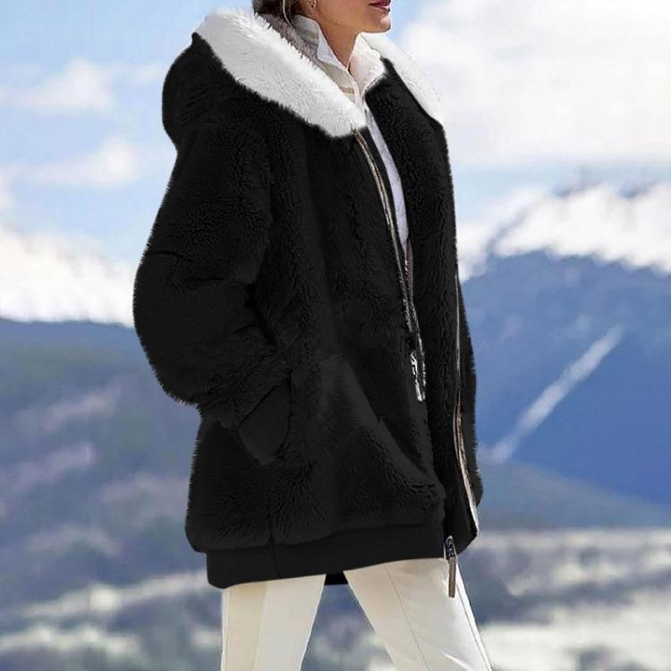 Women's Casual Solid Color Loose Plush Hooded Jacket With Pockets Zippered