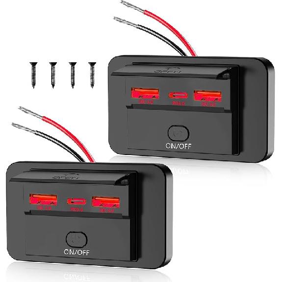 2PCS 3 Ports 12V RV USB Outlet 72W, Gibbab Dual USB QC3.0 36W & PD3.0 Type-C Quick Charge 36W Panel Wall Mount, Automotive Car USB Socket Charger
