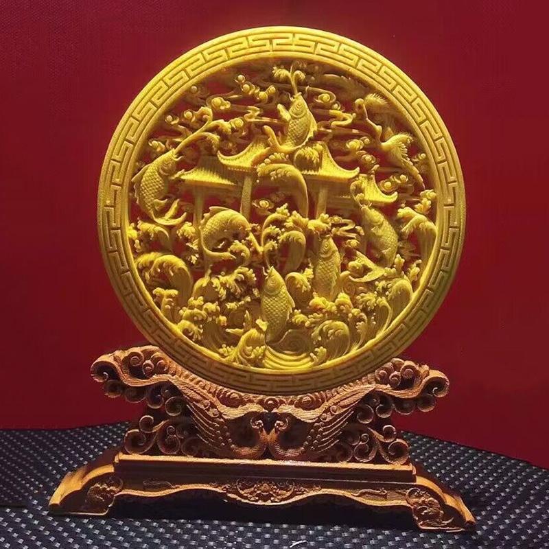 Wood Carving Dragon and Phoenix Round Carving Art Statue Mascot High Quality Home Room, Office Decoration Accessories