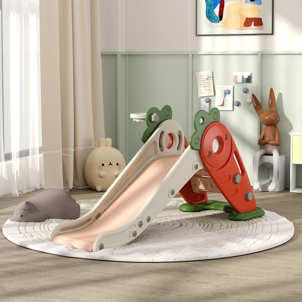 3 In 1 Foldable Toddler Slide with Basketball Hoop, Climber, Carrot-themed, for 1-3 Years