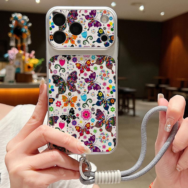 Colorful Butterfly Pattern Leather Lanyard Case For iPhone 18 Pro Max 17 16 15 14 13 Pro Max Luxury Hybrid TPU+PU Anti-skid Soft Phone Cover